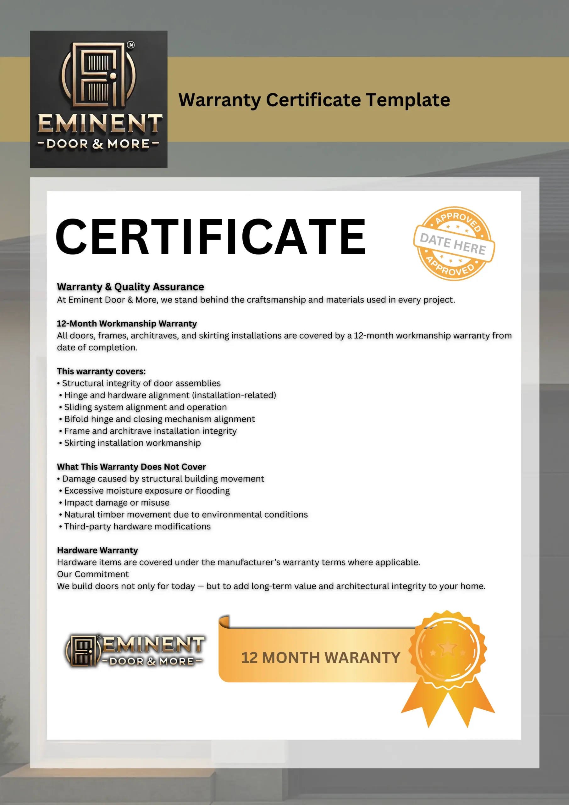 Eminent Door and More warranty template and quality assurance for home door projects South Africa