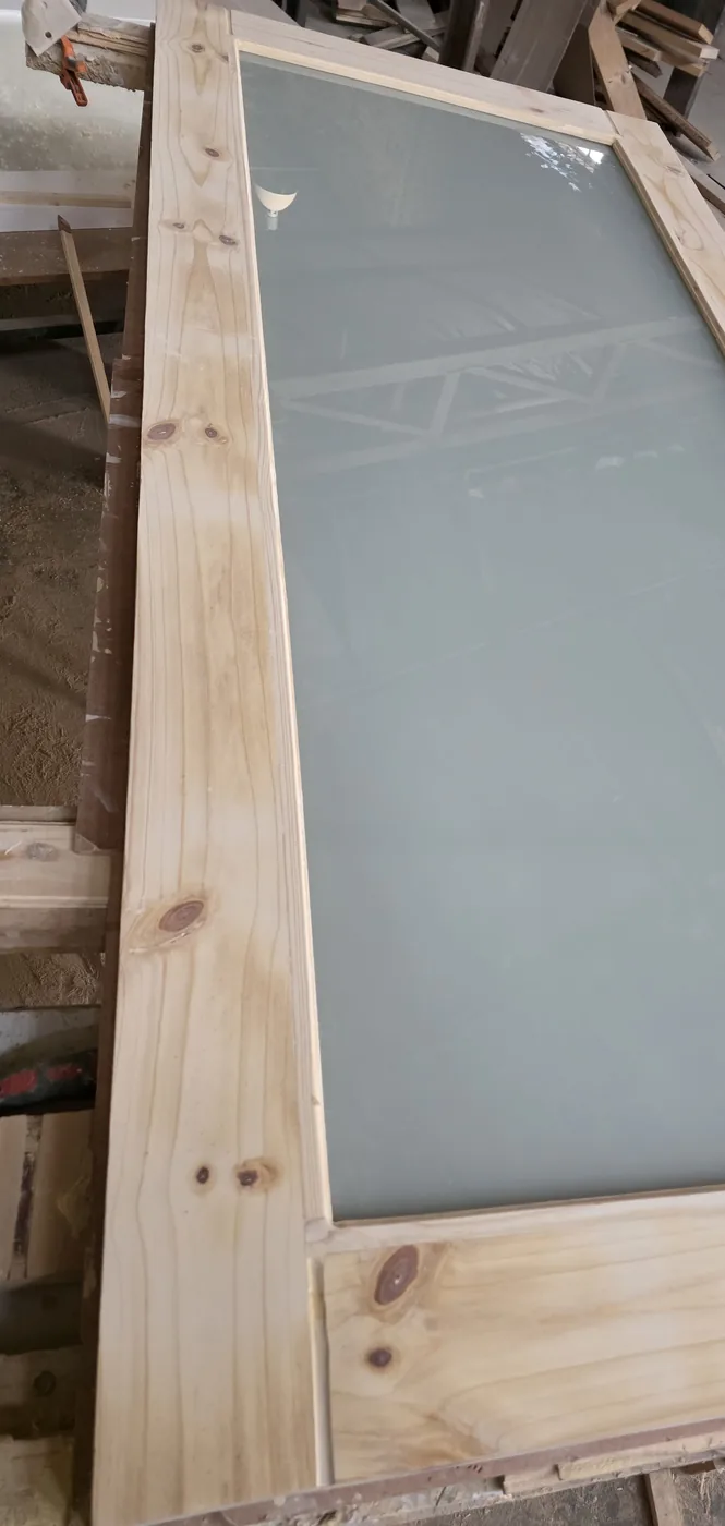 Bespoke timber and frosted-glass door being hand-built in the Eminent Door & More workshop in Gauteng, South Africa