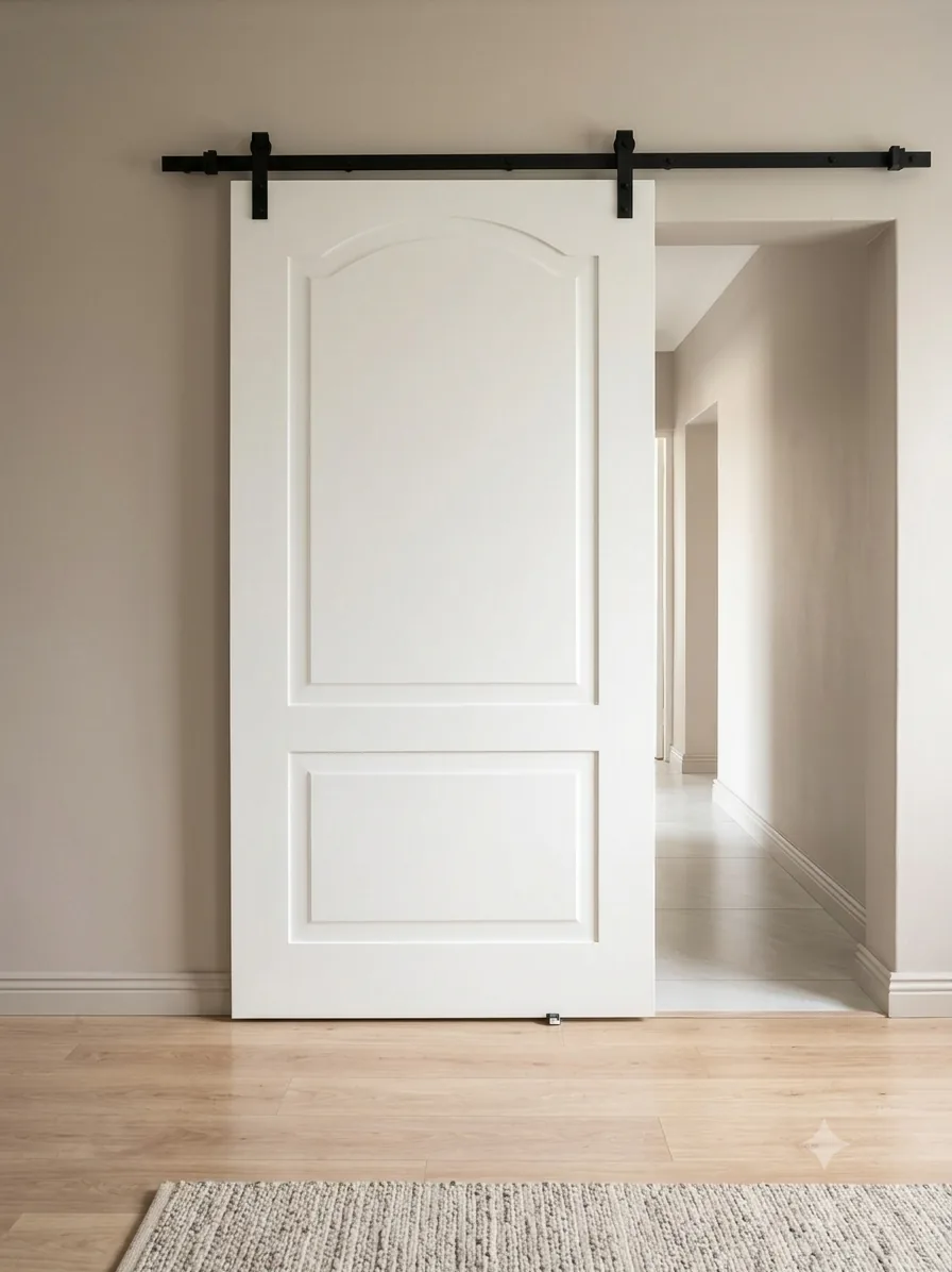 White arched panel sliding barn door, bespoke commission, South Africa